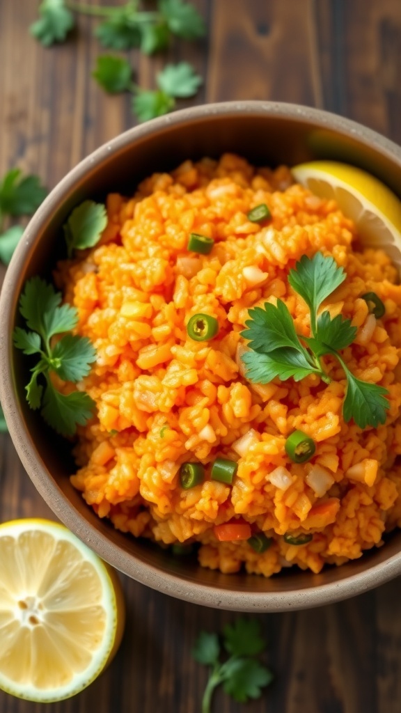 A colorful serving of tomato upma garnished with coriander, served with lemon wedges.